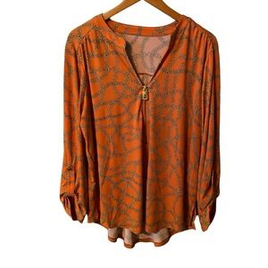 Michael Kors Orange‎ Chain Print Quarter Zip Long Sleeve Blouse Women Size 2